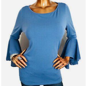 JOAN VASS Bell Sleeve Top BLUE Size LARGE